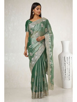 Soch - Womens Light Green Organza Embroidered Saree with Unstitched Blouse