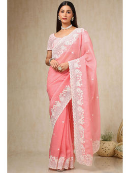Soch - Womens Peach Organza Embroidered Saree with Unstitched Blouse