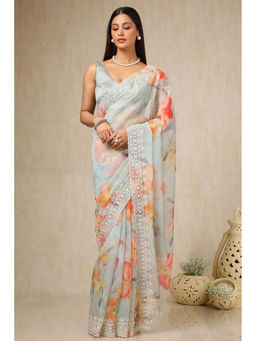 Soch - Womens Light Blue Floral Print Embroidered Saree with Unstitched Blouse