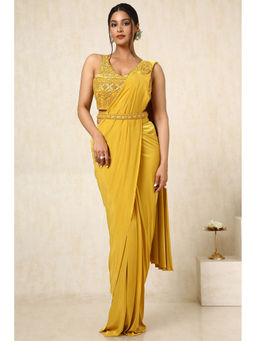 Soch - Womens Mustard Ready-To-Wear Saree with Sequined Stitched Blouse and Belt