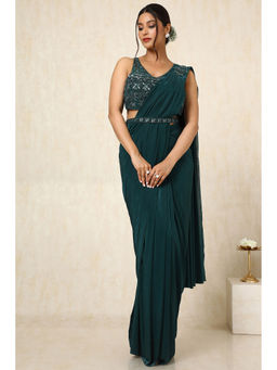Soch - Womens Green Ready-To-Wear Saree with Sequined Stitched Blouse and Belt