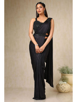 Soch - Womens Black Satin Ready-To-Wear Saree with Sequined Stitched Blouse and Belt