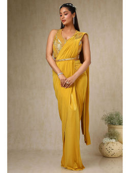 Soch - Womens Mustard Ready-To-Wear Saree with Sequined Stitched Blouse and Belt