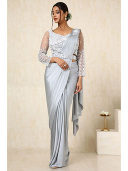 Soch - Womens Grey Ready-To-Wear Saree with Sequined Stitched Blouse and Belt