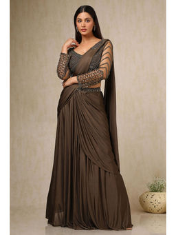Soch - Womens Dark Olive Ready-To-Wear Saree with Sequined Stitched Blouse