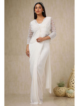 Soch - Womens White Ready-To-Wear Saree with Stitched Blouse and Jacket