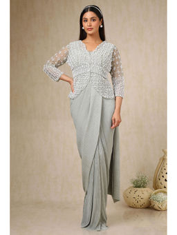 Soch - Womens Sap Green Ready-To-Wear Saree with Stitched Blouse and Jacket