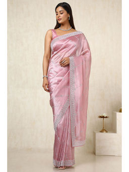 Soch - Womens Pink Embellished Organza Saree with Unstitched Blouse
