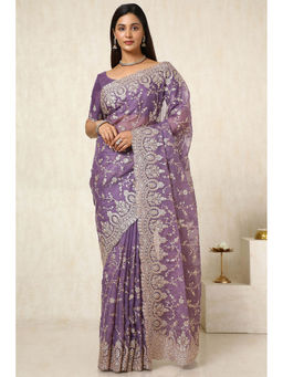 Soch - Womens Purple Chiffon Sequined Embroidered Saree with Unstitched Blouse
