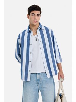 Snitch - Men Blue Cotton Stripes Overshirt