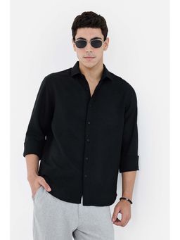 Snitch - Men Black Polyester Textured Shirt