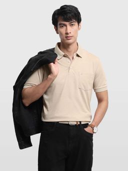 Arrow - Men Beige Cotton Self Design Polo T-Shirt