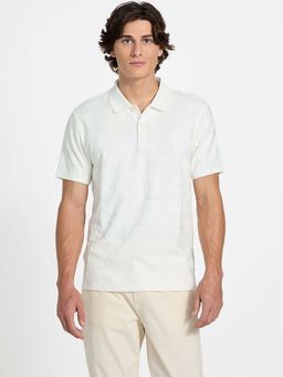 Guess - Men White Polyester Self Design Polo T-Shirt