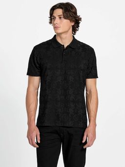 Guess - Men Black Polyester Self Design Polo T-Shirt