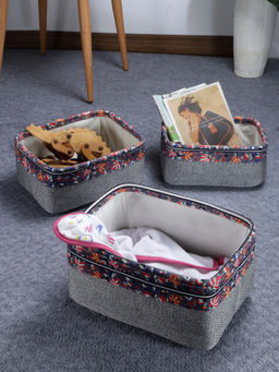 FABINALIV - Grey Floral Cotton Blend Multi Purpose Organisers (Pack of 3)