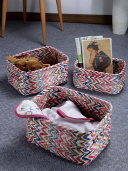 FABINALIV - Pink Geometric Cotton Blend Multi Purpose Organisers (Pack of 3)