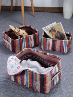 FABINALIV - Multi-Color Striped Cotton Blend Multi Purpose Organisers (Pack of 3)