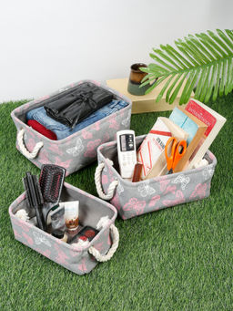 FABINALIV - Grey Abstract Cotton Blend Multi Purpose Organisers (Pack of 3)