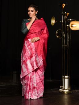 Beatitude - Pink and White Viscose Katan Silk Tie and Dye Saree Unstitched Blouse