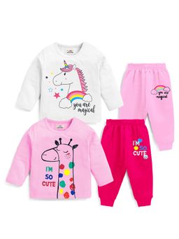 Kuchipoo - Pink & White Unicorn & Giraffe Print Regular Fit Cotton Co-Ord (Pack of 4)