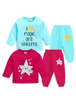 Kuchipoo - Baby Girl Pink & Blue Printed Regular Fit Cotton Co-Ord (Pack of 4)