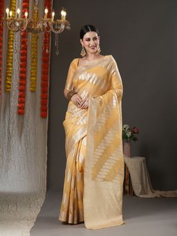 Akhilam - Womens Organza Yellow Woven Design Designer Saree with Unstitched Blouse