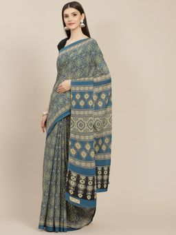 Yufta - Women Blue Ajrak Print Saree with Unstitched Blouse