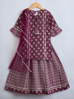 Hopscotch - 3-Piece Lace Maroon Embellished Kurta and Lehenga with Dupatta