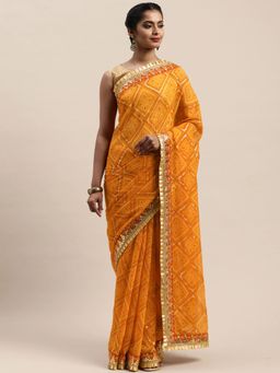 Vastranand - Yellow & White Printed Bandhani Saree with Unstitched Blouse