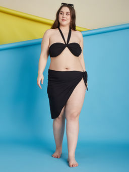 Secrets By ZeroKaata - Black Plus Size Ribbed Swim Bikini Top with Panty & Sarong (Set of 3)