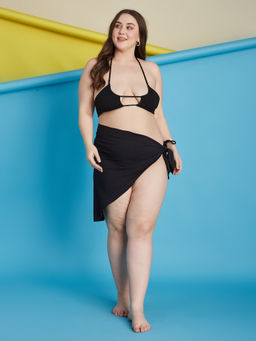 Secrets By ZeroKaata - Black Plus Size Ribbed Swim Bikini Top with Panty & Sarong (Set of 3)