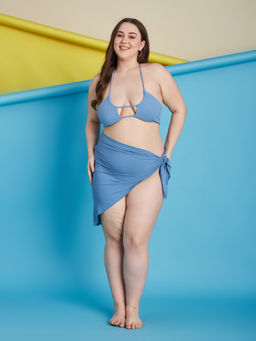 Secrets By ZeroKaata - Blue Plus Size Ribbed Swim Bikini Top with Panty & Sarong (Set of 3)