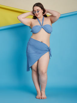 Secrets By ZeroKaata - Blue Plus Size Ribbed Swim Bikini Top with Panty & Sarong (Set of 3)