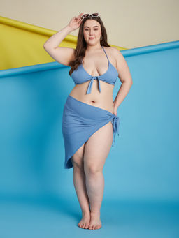 Secrets By ZeroKaata - Blue Plus Size Ribbed Swim Bikini Top with Panty & Sarong (Set of 3)