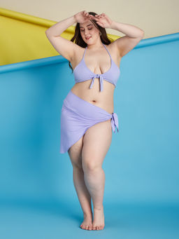 Secrets By ZeroKaata - Purple Plus Size Ribbed Swim Bikini Top with Panty & Sarong (Set of 3)