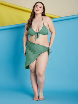 Secrets By ZeroKaata - Green Plus Size Ribbed Swim Bikini Top with Panty & Sarong (Set of 3)