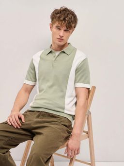 The Bear House - Men Green Slim Fit Colorblock Polo T-Shirt