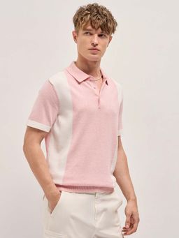 The Bear House - Men Pink Slim Fit Colorblock Polo T-Shirt