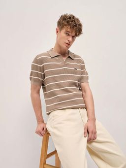 The Bear House - Men Brown Slim Fit Stripes Polo T-Shirt