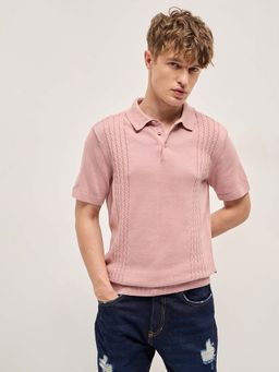 The Bear House - Men Pink Slim Fit Textured Polo T-Shirt