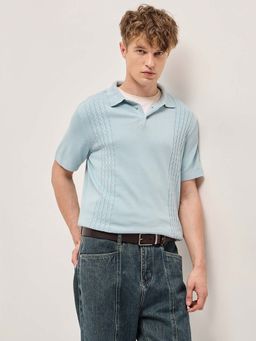 The Bear House - Men Blue Slim Fit Textured Polo T-Shirt