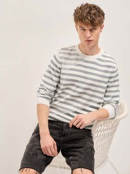 The Bear House - Men Grey Slim Fit Stripe T-Shirt