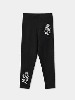 R&B - Black Embroidered Skinny Girls Leggings