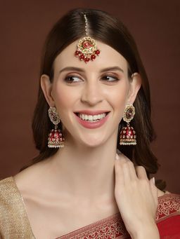 PANASH - Red Gold Toned Kundan Meenakari Handcrafted Tikka with Earrings (Set of 2)