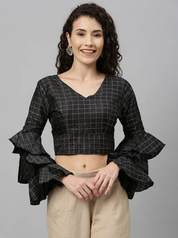 Amrutam Fab - Womens Black Silk Blouse V Neck