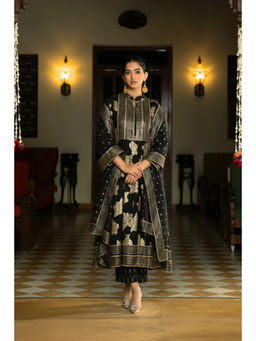 Naseebo - Womens Cotton Embroidered Black Anarkali Kurta with Pant and Dupatta