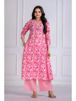 NIKATT - Womens Cotton Floral Pink Kurta with Palazzo