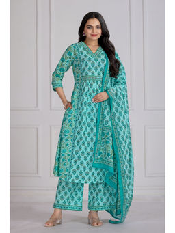 NIKATT - Womens Cotton Printed Green Kurta with Pant and Dupatta