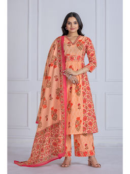NIKATT - Womens Cotton Printed Orange Anarkali Kurta with Pant and Dupatta