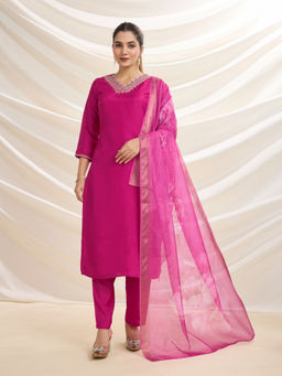 NIKATT - Womens Cotton Embroidered Purple Kurta with Pant and Dupatta